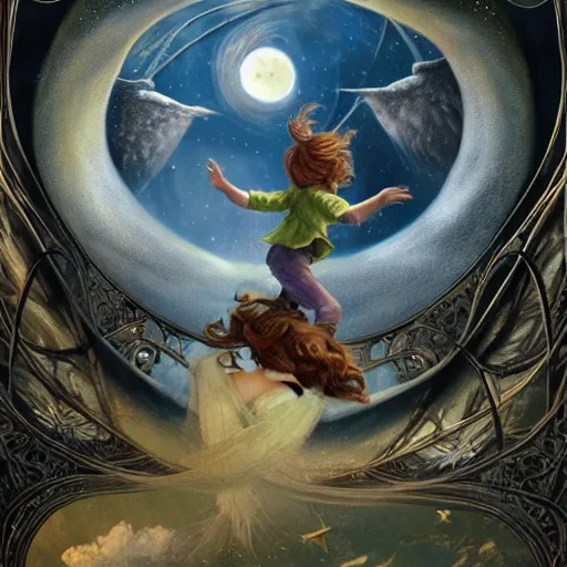 Prompt: realistic detailed children flying through the stars by emilia dziubak, will terry, greg olsen, chris mars, ann long, and mark brooks, dramatic, fairytale, art nouveau, victorian, neo - gothic, gothic, character concept design, storybook design