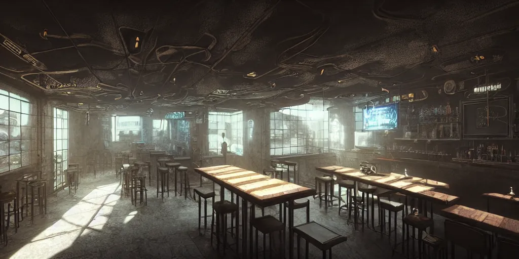 Image similar to Highly detailed realistic photo interior design in style of minimalism by JAMIE BUSH and Josan Gonzalez of detailed cyberpunk tavern with stone walls and neon lights, a lot of electronics and people, many details by Hiromasa Ogura. a lot of Natural white sunlight from the transperient roof. Rendered in VRAY