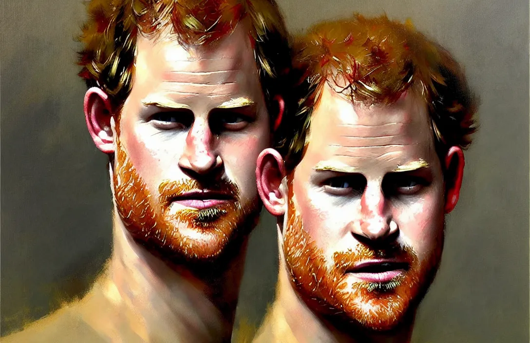 Prompt: portrait of prince harry!!!!!!!!!!!!!!!!!!!!!!!!!!!, detailed face, detailed painting, epic lighting, by ilya repin, phil hale and kent williams