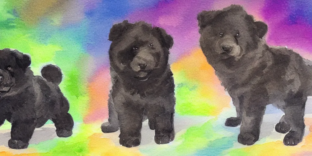 Image similar to a watercolor painting of an off - black chow chow puppy standing on a glowing rainbow bridge