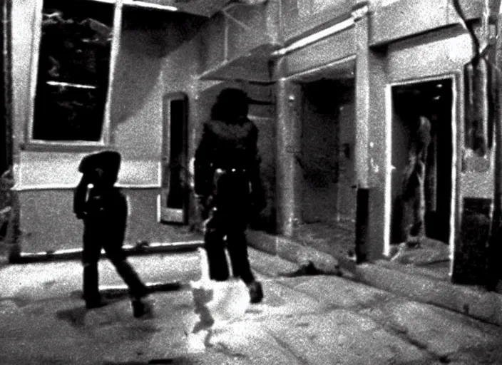 Prompt: disturbing security cam footage of a human corpse walking in the stree horror film practical fx by john carpenter 1 9 7 0