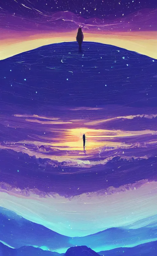 Image similar to a beautiful illustration of the sun king at night, art of alena aenami, featured on artstation, vertical orientation, paint brush strokes, expressionism, brushstroke - laden, breathtaking clouds, birds, ocean, beautiful stars, long exposure, big moon radius, airy midnight theme, blue purple gradient, lens flare