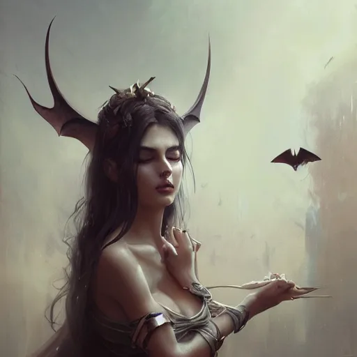 Image similar to a beautiful portrait of a succubus goddess with bats in the background and closed eyes by greg rutkowski and raymond swanland, trending on artstation, ultra realistic digital art