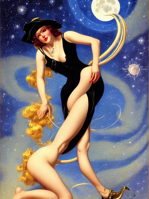 Prompt: ranni the witch, a beautiful art nouveau portrait by Gil elvgren and Hajime Sorayama, moonlit starry sky environment, centered composition, defined features, golden ratio, gold jewlery, photorealistic professional lighting, cinematic, sheer