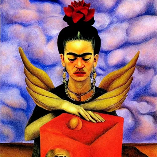 Image similar to Angel crying on top of a red cube made out of water, tears falling from eyes, oil painting by Frida Kahlo