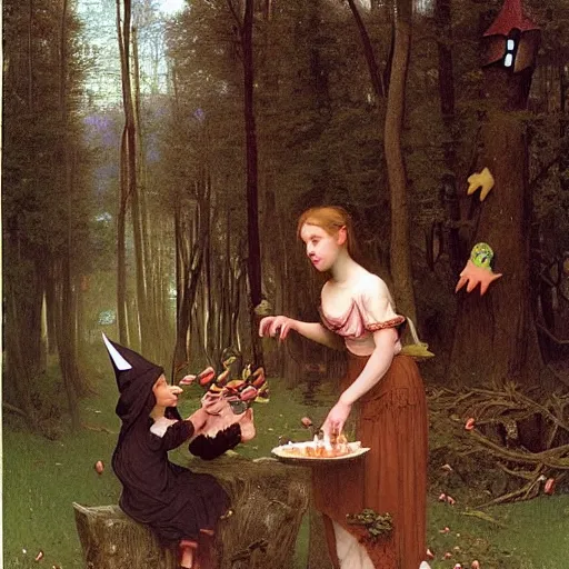 Image similar to an eerie, realistic illustration of a full-sized witch\'s gingerbread house covered in candy in the middle of dark and twisted woods, being visited by a poor waif brother and sister eating the candy, by Bouguereau, John William Waterhouse and Thomas Kincade