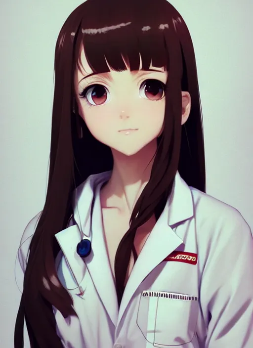 Prompt: 3 / 4 view of a portrait of cute girl in labcoat, confident pose, pixie, elegant, sharp focus, illustration, highly detailed, concept art, matte, trending on artstation, anime, art by wlop and artgerm and greg rutkowski, ilya kuvshinov, strong strokes, photo of makise kurisu from steins gate