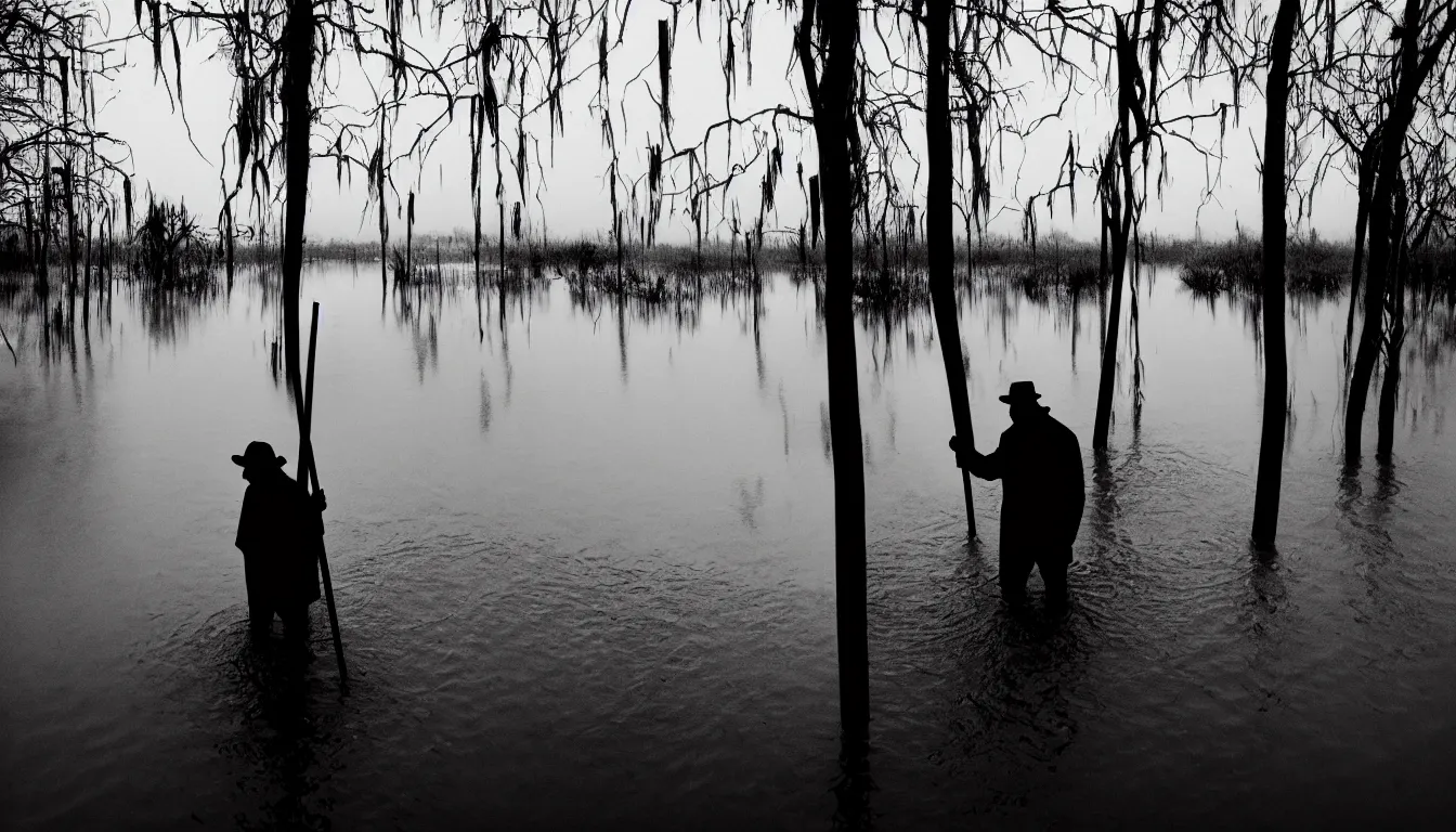 Prompt: silhouette of old man with walking stick standing in flooded grassy swamps dark, atmospheric, scary,, ambient vibe, very detailed, 8 k