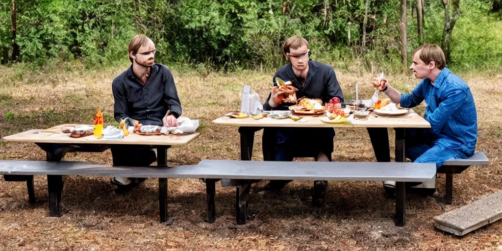 Image similar to photo of jeffrey dahmer and hannibal lecter eating lunch at a picnic table, highly detailed, 4 k