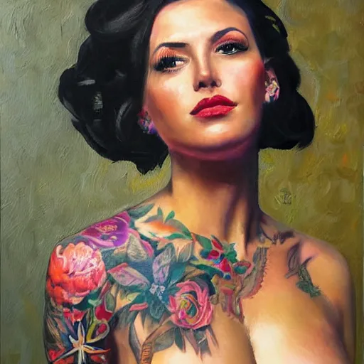 Image similar to painting of a beautiful woman with tattoos by hollis dunlap