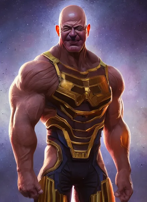 Image similar to jeff bezos is a muscular bodybuilder as thanos, au naturel, hyper detailed, digital art, trending in artstation, cinematic lighting, studio quality, smooth render, unreal engine 5 rendered, octane rendered, art style by klimt and nixeu and ian sprigger and wlop and krenz cushart.