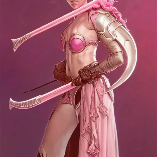 Prompt: cute pink tiefling demon bard performer, leather armor, rapier, pink skin, cute horns, violin, intricate, elegant, highly detailed, digital painting, artstation, concept art, smooth, sharp focus, illustration, art by artgerm and greg rutkowski and alphonse mucha