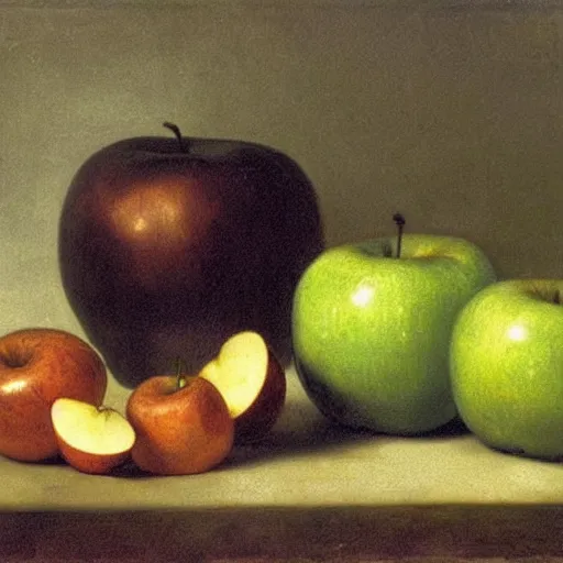 Prompt: [ [ [ green ] ] ] apple [ [ [ still life ] ] ] by rembrandt