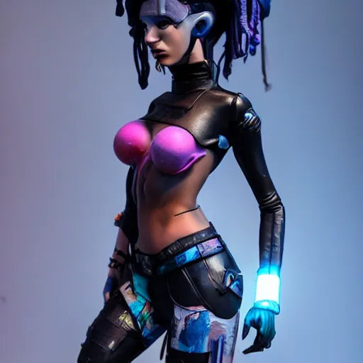 Image similar to ultra realistic painted sculpture of very beautiful cyberpunk woman. realistic waxwork. detailed lifelike. full body. beautiful. very attractive. wow. stunning. punk. comic book inspired. professional cosplay. painted model. action pose