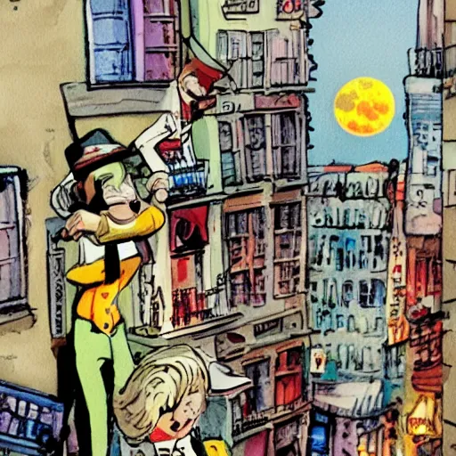 Prompt: full moon, figurines, travel!! tilt shift, style of will eisner, full of color, on white, smooth, thin sharp lines, detailed