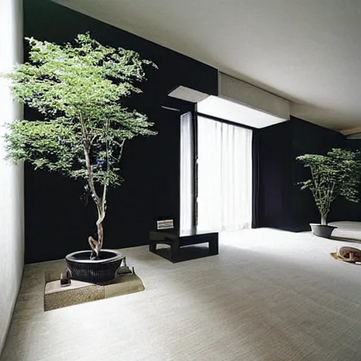 Image similar to “extravagant luxury apartment interior design, by Tadao Ando and Koichi Takada, contemporary art, black walls, potted plants, modern rustic”