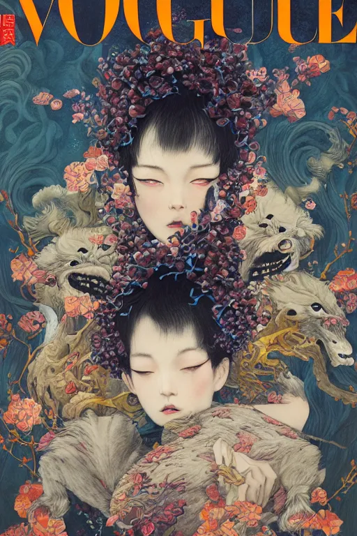 Prompt: a cover of japanese vogue art magazine about animal creatures bio with a banner and logo on it by illustrated by miyazaki by karol bak, james jean, tom bagshaw, rococo, sharp focus, trending on artstation, cinematic lighting, hyper realism, octane render, 8 k, hyper detailed, vivid, ultra detailed, highly detailed