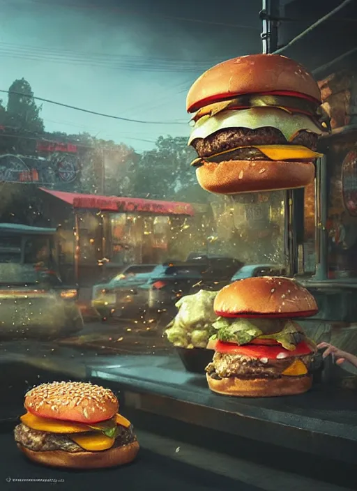 Image similar to “burger gone wild, mega detailed, volumetric lighting, beautiful, golden hour, sharp focus, ultra detailed, cgsociety by Leesha Hannigan, Ross Tran, Thierry Doizon, Kai Carpenter, Ignacio Fernández Ríos, noir photorealism, film”