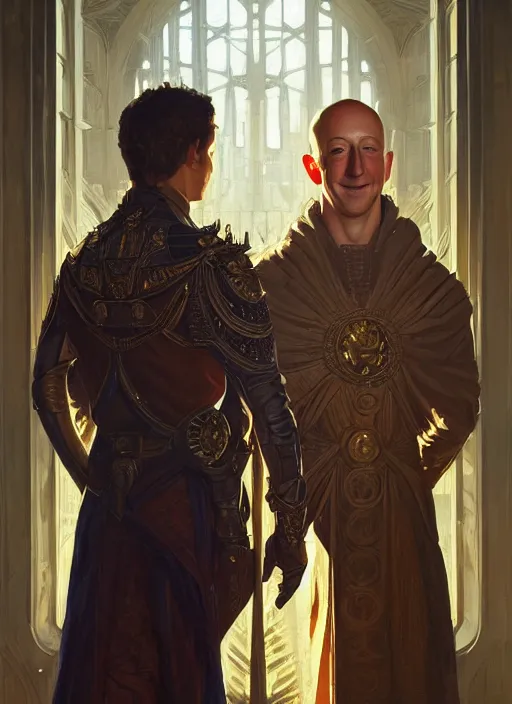 Prompt: symmetry!! portrait of mark zuckerberg + jeff bezos, fantasy, medieval wear, intricate, elegant, highly detailed, digital painting, artstation, concept art, smooth, sharp focus, illustration, art by artgerm and greg rutkowski and alphonse mucha