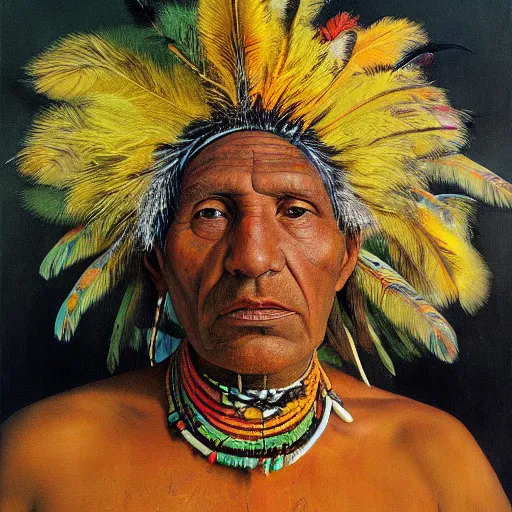 Prompt: high quality high detail painting by lucian freud, hd, indigenous tribe leader with many feathers, muted yellow and green colors, photorealistic lighting