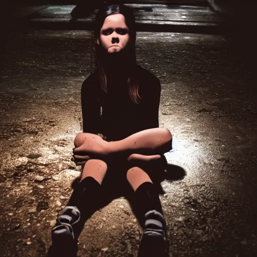 Prompt: An unprofessional photo of a cybernetic girl sitting on a dirty floor in the dark, camera flash, weird, scary, documentary photo