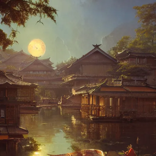 Prompt: A japanese solarpunk village on a sunny day, art by Albert Bierstadt and greg rutkowski, highly detailed, digital painting, matte painting, concept art, illustration, warm lighting, trending on artstation, very detailed