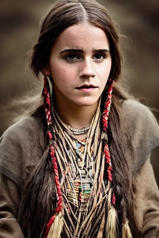 Image similar to “Photo of Native American indian woman Emma Watson, portrait, skilled warrior of the Apache, ancient, realistic, detailed, emma watson”