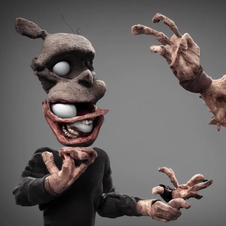 Image similar to arthouse film octane render portrait by wayne barlow and carlo crivelli and glenn fabry, an cute adorable evil hand puppet attacking a puppeteer wearing black tights and a long black shirt, cinema 4 d, ray traced lighting, very short depth of field, bokeh