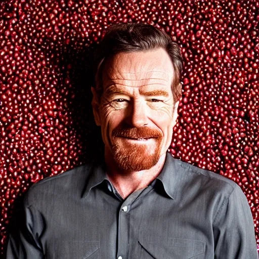 Image similar to closeup portrait of bryan cranston happy face surrounded by cranberries, food photography, natural light, sharp, detailed face, magazine, press, photo, steve mccurry, david lazar, canon, nikon, focus