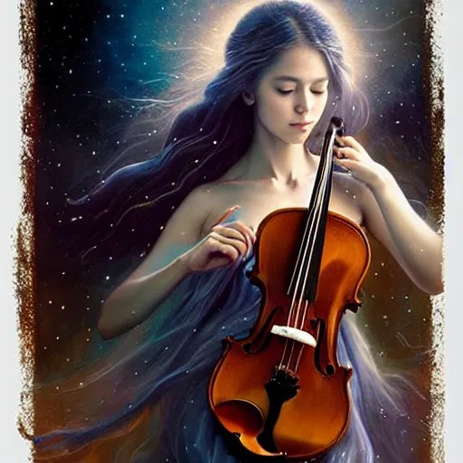 Image similar to a high quality life like portrait of a very very beautiful! celestial goddess of life playing a mystical geared violin and springing life into the universe, highly detailed, intricate, sharp focus, fantasy, mystical, dreamlike, by WLOP and greg rutkowski