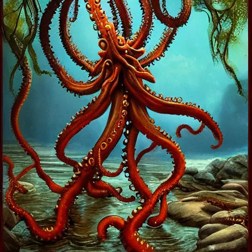 Image similar to a cinematic painting of alien tentacles emerging from the water of a river, a single godly like figure stands on the riverbed watching, fire blowing the leaves from the trees