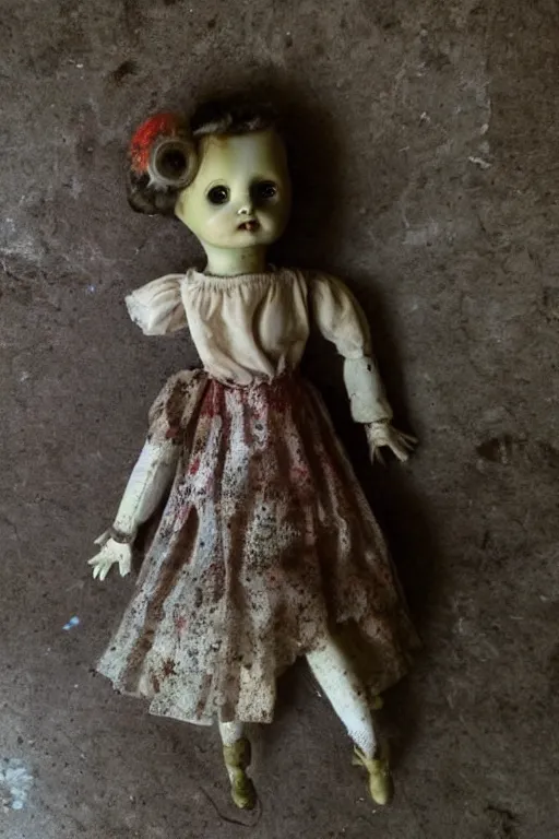 Prompt: dirty cracked screaming vintage doll maggots in eyes sitting in darkly lit dusty basement cobwebs old photo
