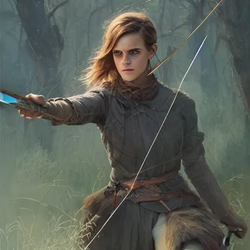 Image similar to portait of a emma watson archer shooting arrow at forest monster, front game card, drark, marvel comics, dark, intricate, highly detailed, smooth, artstation, digital illustration by ruan jia and mandy jurgens and artgerm and wayne barlowe and greg rutkowski and zdislav beksinski