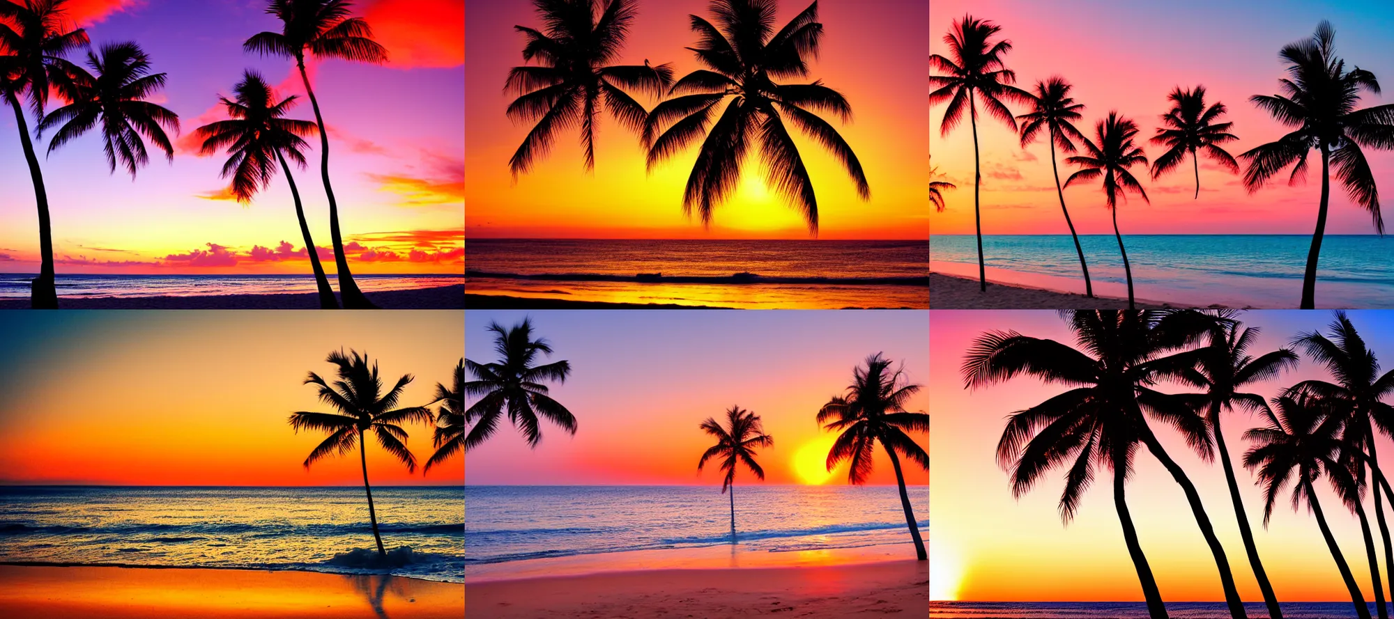 Image similar to Beach with ocean and palm trees at sunset, golden hour, crimson gradient