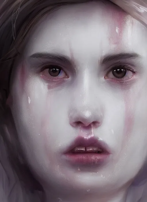 Image similar to portrait of beautiful girl with full pouty lips, skeksis, white face paint, bandaged nose, expressive eyes, fullbody, translucent skin, procedural rendering, greg rutkowski, charlie bowater, yuumei, yanjun cheng, unreal 5, daz, hyperrealistic, octane render, rpg portrait, dynamic lighting, fantasy art, beautiful face