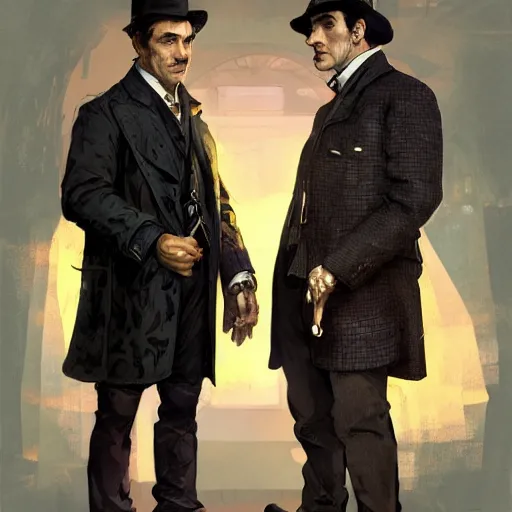 Prompt: [UHD Sherlock Holmes and Watson as GTA characters, correct faces, intricate, elegant, graphic detail, digital painting, trending on artstation, concept art, tonalism, sharp focus, illustration, art by Miguel Vasquez and Greg Rutkowski and Alphonse Mucha]