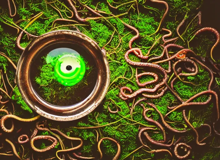 Prompt: dslr photograph of a bowl eldritch horror soup filled with tentacles and eyeballs on a mossy sewer floor, 8 5 mm f 1. 8