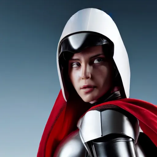 Image similar to headshot of an beautiful female soldier in glossy sleek white armor with tiny red details and a long red cape, downward angle, determined expression, on the surface of mars, night time, dramatic lighting, cinematic, sci-fi, hyperrealistic