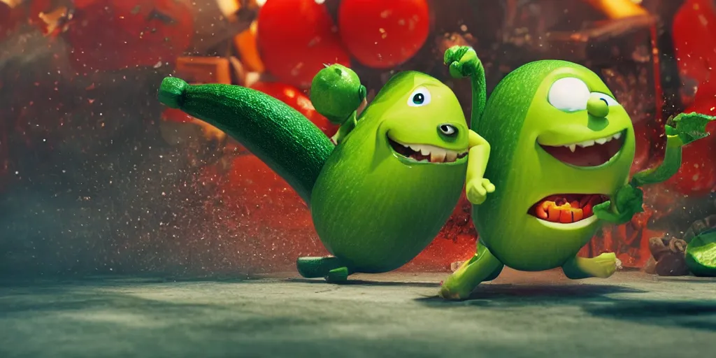 Prompt: detailed 3 d render of a furious zucchini character chasing down a frantic tomato, concept, high speed action, martial arts, explosions, bloody knife, dramatic scene, hyper realistic octane render, cinematic lighting, deviantart, pop - surrealism, lowbrow, frame from independent pixar movie