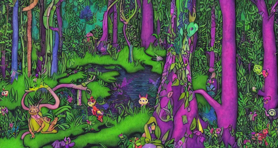 Image similar to A dense and dark enchanted forest with a swamp, by Lisa Frank,