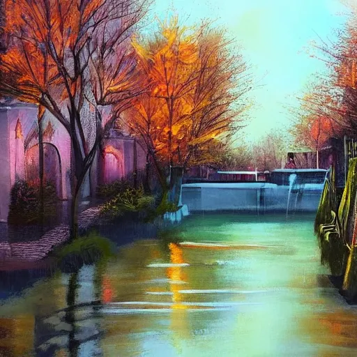 Image similar to Cosy waterway in city of the future in harmony with nature. Nice colour scheme, soft warm colour. Beautiful detailed painting by Lurid. (2022)