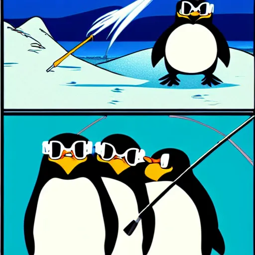 Prompt: in miyazaki style three superhero penguins wearing sunglasses fishing