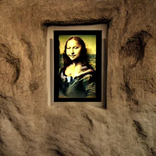 Prompt: photograph of a cave wall, that has the ( ( mona lisa ) ) painted onto it