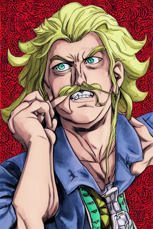 Image similar to jojo's bizzare adventure manga character portrait, boy with blue eyes and long blonde hair, symmetrical face happy, mustache, stubble, steel ball run, handsome face, jojo's bizzare adventure, illustrated by hirohiko araki, illustration