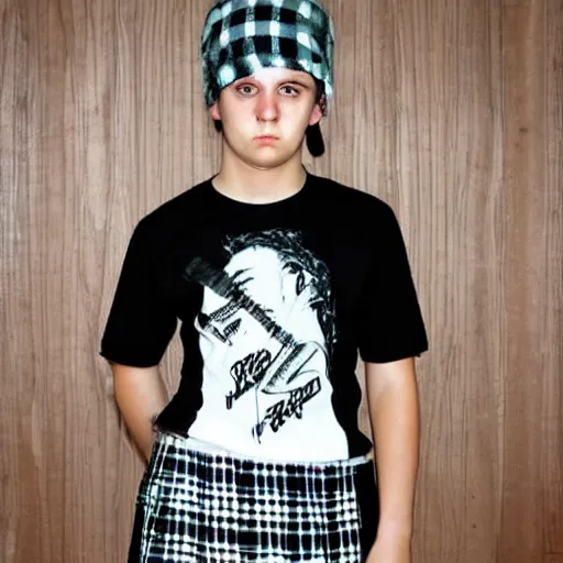 Prompt: teenage punk rock photography plaid skirt band shirt