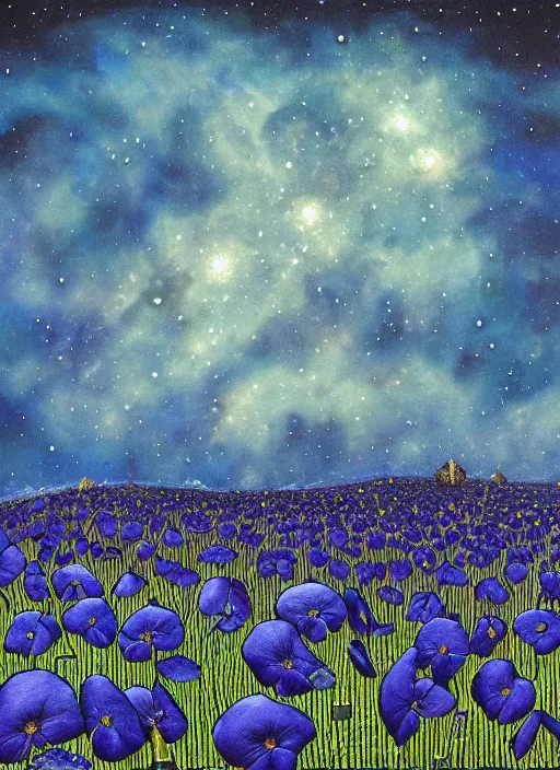 Image similar to detailed, intricate blue black and purple papaverum flower on the field, nebula, galaxy in the sky, winning award masterpiece, fantastically beautiful, illustration, aestheticly inspired, jacek yerka, upscale with anguissola sofonisba work, artstation, 8 k