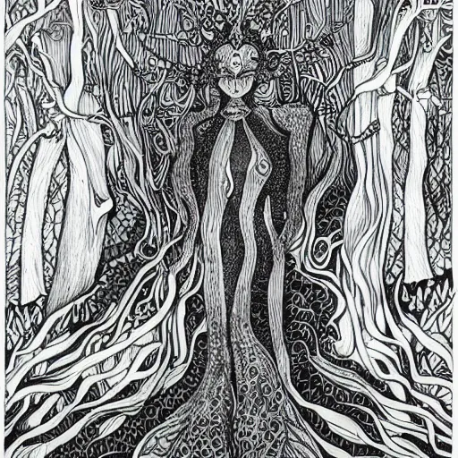 Image similar to goddess of the forest, ink drawing, black ink illustration, by a very talented artist, award winning, intricate detail, mysterious