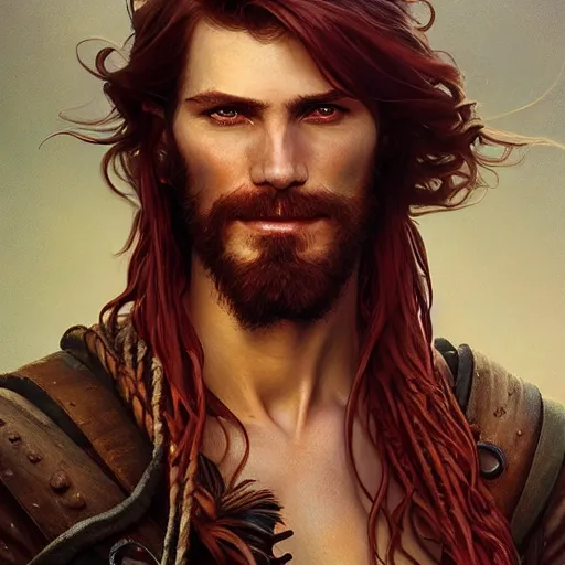 Image similar to portrait of a young ruggedly handsome but joyful pirate, male, masculine, upper body, red hair, waist long hair, d & d, fantasy, intricate, elegant, highly detailed, digital painting, artstation, concept art, matte, sharp focus, illustration, art by artgerm and greg rutkowski and alphonse mucha