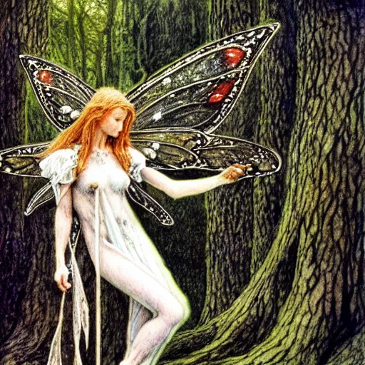 Image similar to fairy of the forgotten wood. highly detailed, hyper detailed, art by alan lee