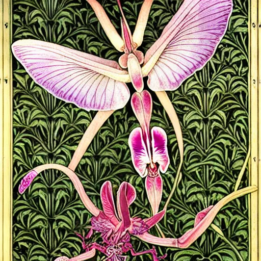 Image similar to orchid mantis by William Morris and Carlos Schwabe, horizontal symmetry, exquisite fine details, baroque ornamentation, Art Nouveau botanicals, deep rich moody colors